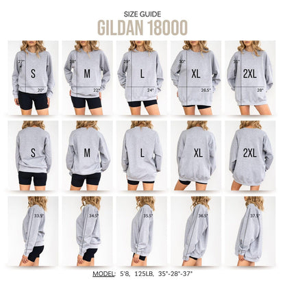 May include: A size guide for the Gildan 18000 sweatshirt featuring a grid of images showing sizes S through 2XL from front, back, and side views. Measurements in inches are overlaid on the images, with a model reference of 5'8, 125lb, 35-28-37.
