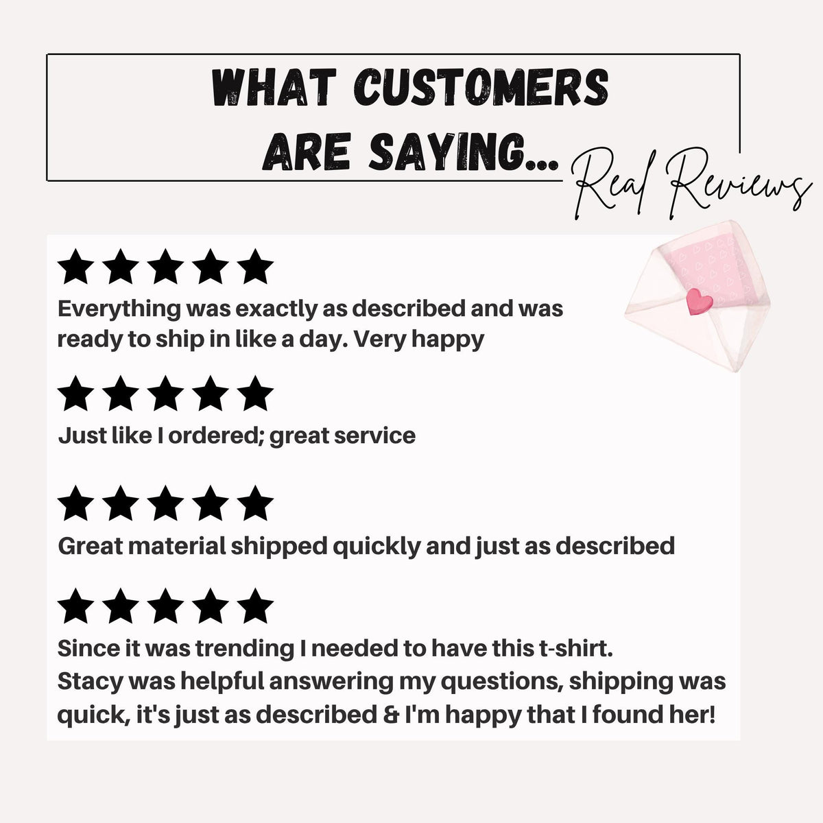 May include: A customer review graphic featuring the text WHAT CUSTOMERS ARE SAYING... Real Reviews. It displays four sets of five black stars followed by customer feedback text including comments about items being as described and quick shipping.