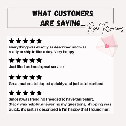 May include: A customer review graphic featuring the text WHAT CUSTOMERS ARE SAYING... Real Reviews. It displays four sets of five black stars followed by customer feedback text including comments about items being as described and quick shipping.