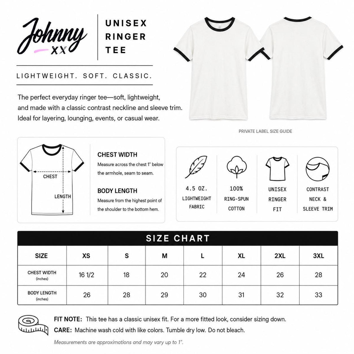May include: A white unisex ringer t-shirt with black contrast trim on the neckline and sleeves. The image displays a size chart with chest width and body length measurements in inches, alongside product details for 4.5 oz ring-spun cotton fabric.
