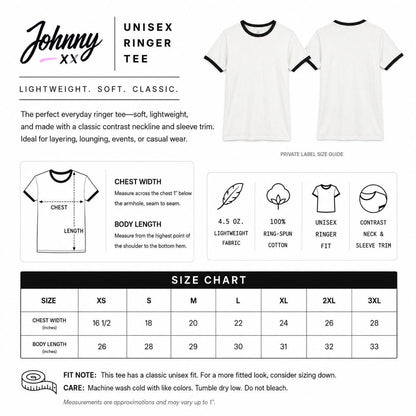May include: A white unisex ringer t-shirt with black contrast trim on the neckline and sleeves. The image displays a size chart with chest width and body length measurements in inches, alongside product details for 4.5 oz ring-spun cotton fabric.