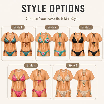 May include: A collection of five t-shirts featuring a trompe l'oeil print of various bikini styles. Each shirt displays a front and back view of a different bikini design, including turquoise, floral, black, pink leopard, and beige crochet patterns.
