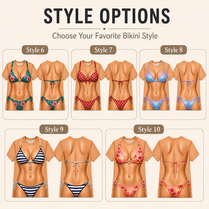 May include: A graphic t-shirt display titled STYLE OPTIONS, Choose Your Favorite Bikini Style. It shows five styles of t-shirts featuring a printed image of a torso wearing different bikini designs, including floral, polka dot, and striped patterns.