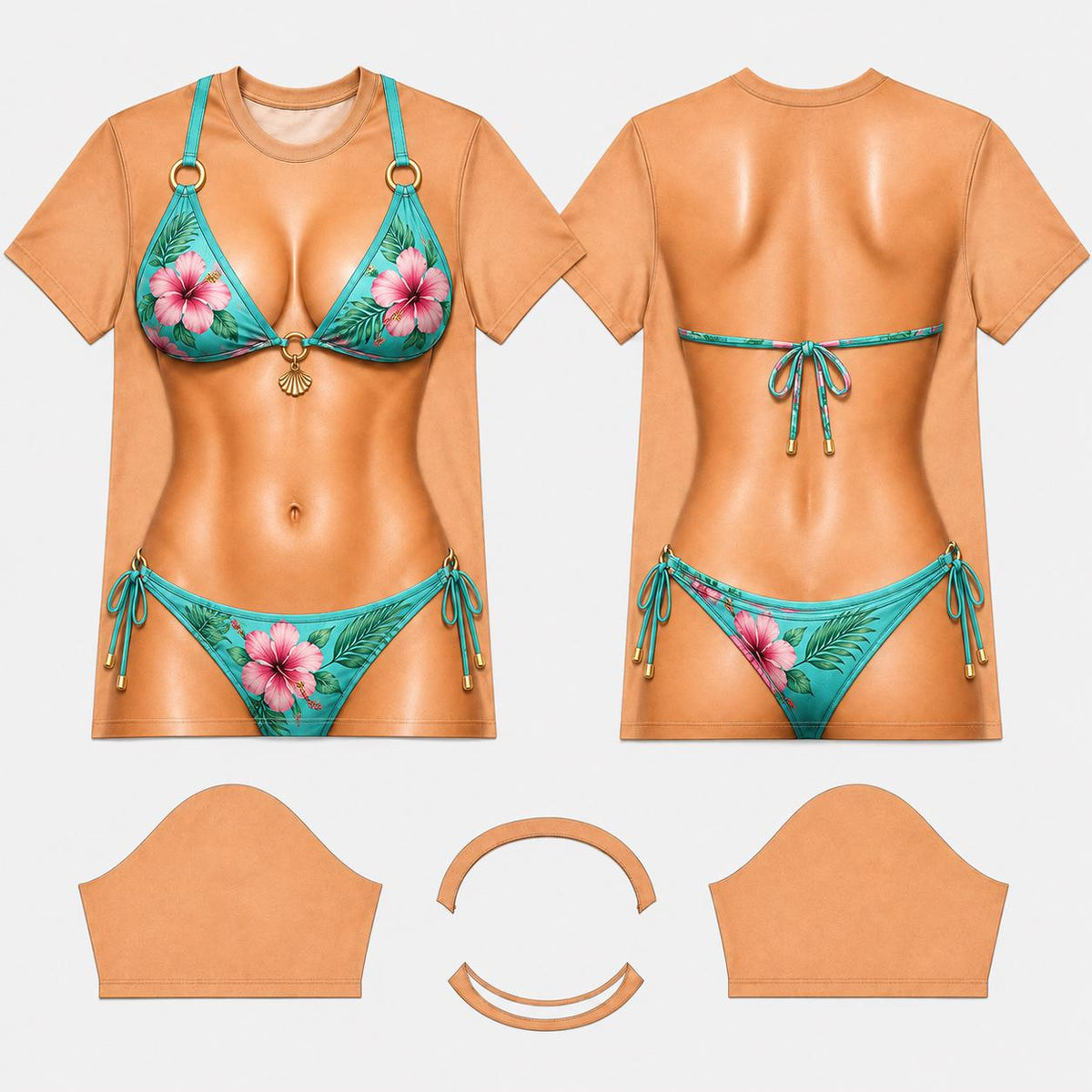 May include: A short-sleeve t-shirt featuring a realistic print of a tan torso wearing a teal bikini with pink hibiscus flowers and green leaves. The front displays a bikini top with gold rings and a shell charm, while the back shows bikini ties.