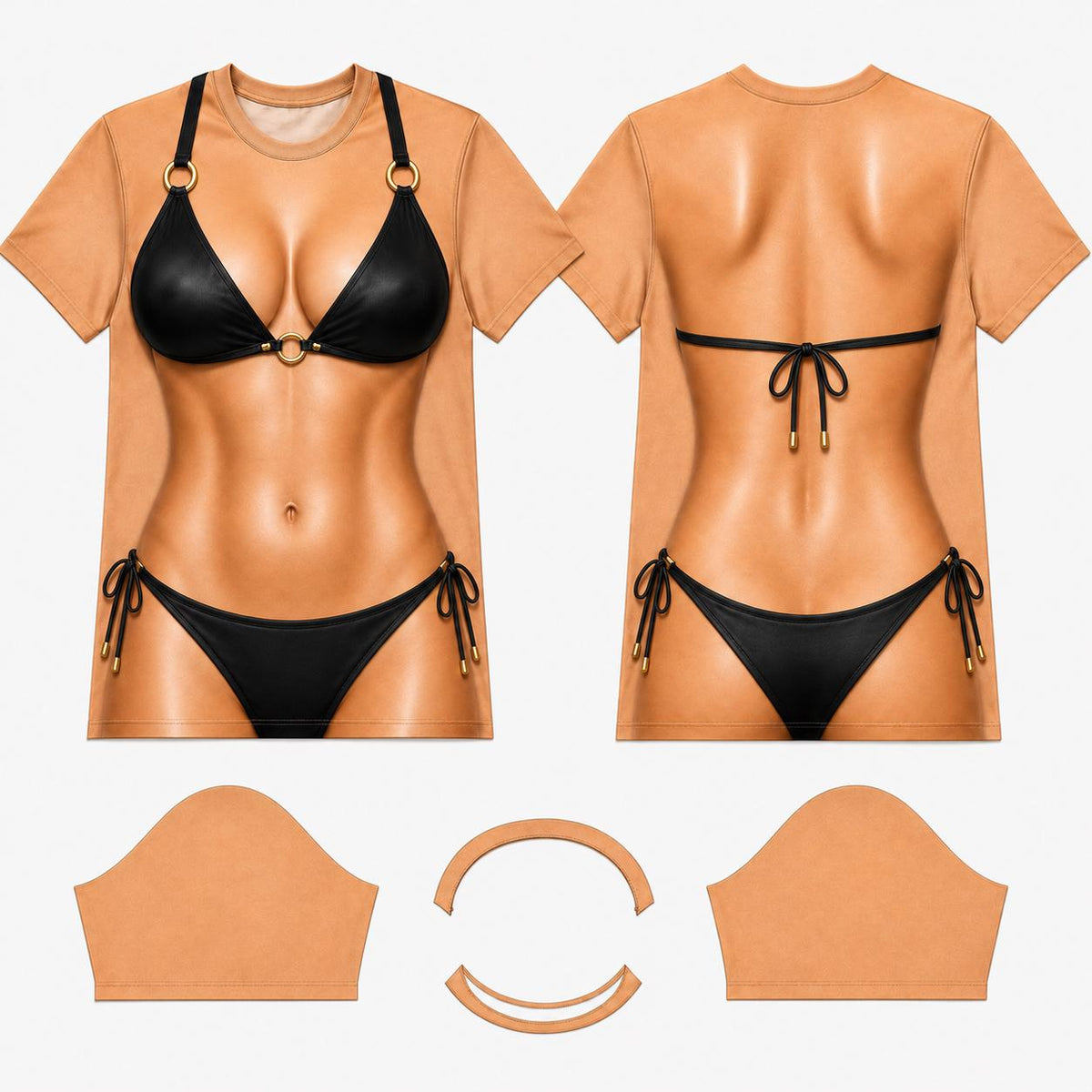 May include: A short-sleeved t-shirt featuring a realistic print of a tan-toned torso wearing a black bikini. The front displays a bikini top with gold rings, while the back shows the bikini tie details. Two separate sleeve pieces and two collar pieces are included.