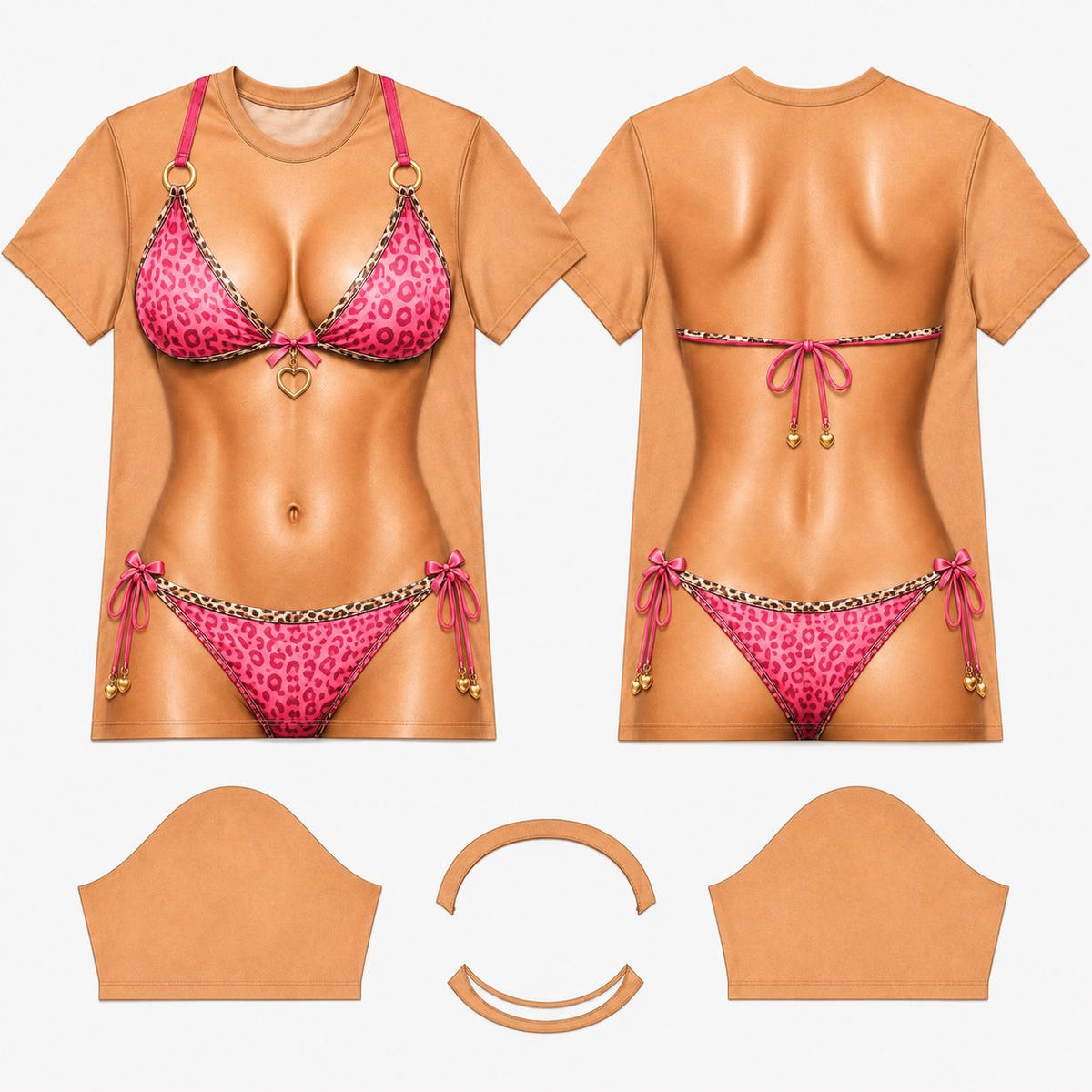 May include: A tan t-shirt featuring a realistic graphic print of a torso wearing a pink leopard print bikini. The front displays a bikini top with a gold heart charm and a bottom with side ties. The back shows the bikini straps and ties.