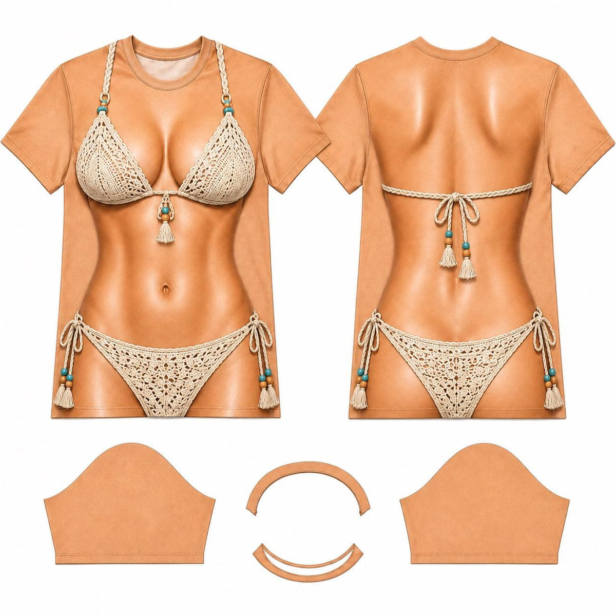 May include: A tan short-sleeved t-shirt featuring a realistic print of a person wearing a beige crochet bikini. The design includes intricate knit patterns, braided straps, and small turquoise and wooden beads on the ties and tassels.