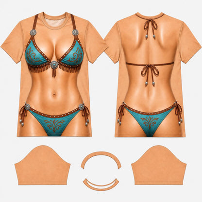 May include: A short-sleeve t-shirt featuring a realistic print of a tan-skinned torso wearing a turquoise bikini with brown leather-style straps, silver concho accents, and fringe details. The design is shown from both the front and back views.