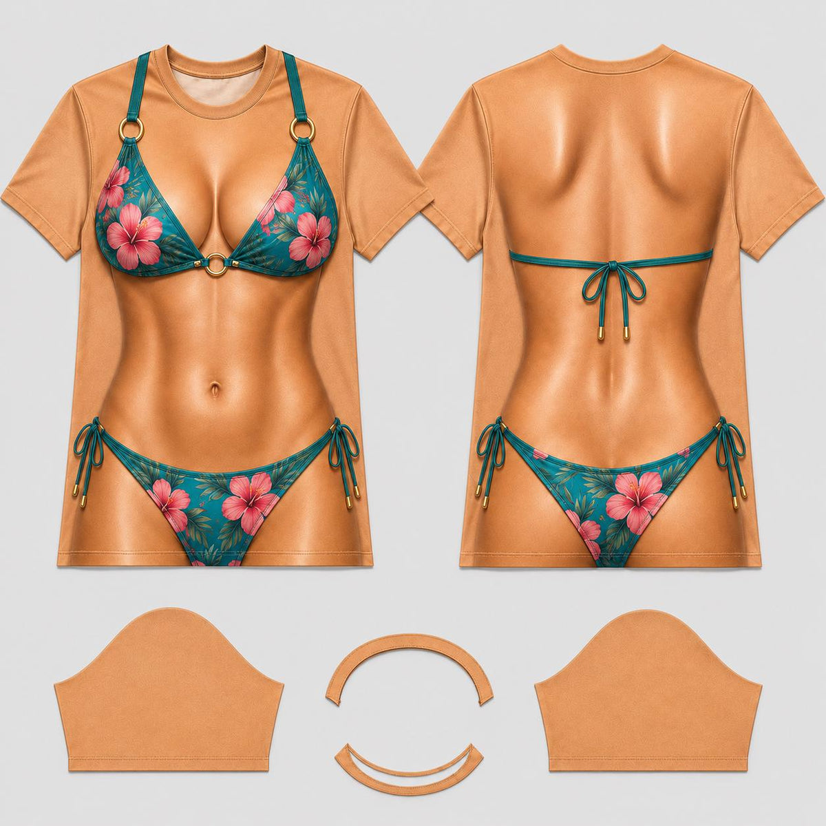 May include: A short-sleeve t-shirt featuring a realistic print of a tan-skinned torso wearing a teal bikini with a pink hibiscus floral pattern. The design includes gold-tone rings on the bikini top and tie-side bottoms, shown from front and back.