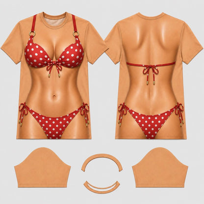 May include: A short-sleeve t-shirt featuring a realistic print of a tan-skinned torso wearing a red bikini with white polka dots. The front displays the bikini top and bottom, while the back shows the bikini straps and bottom. Includes two sleeves.