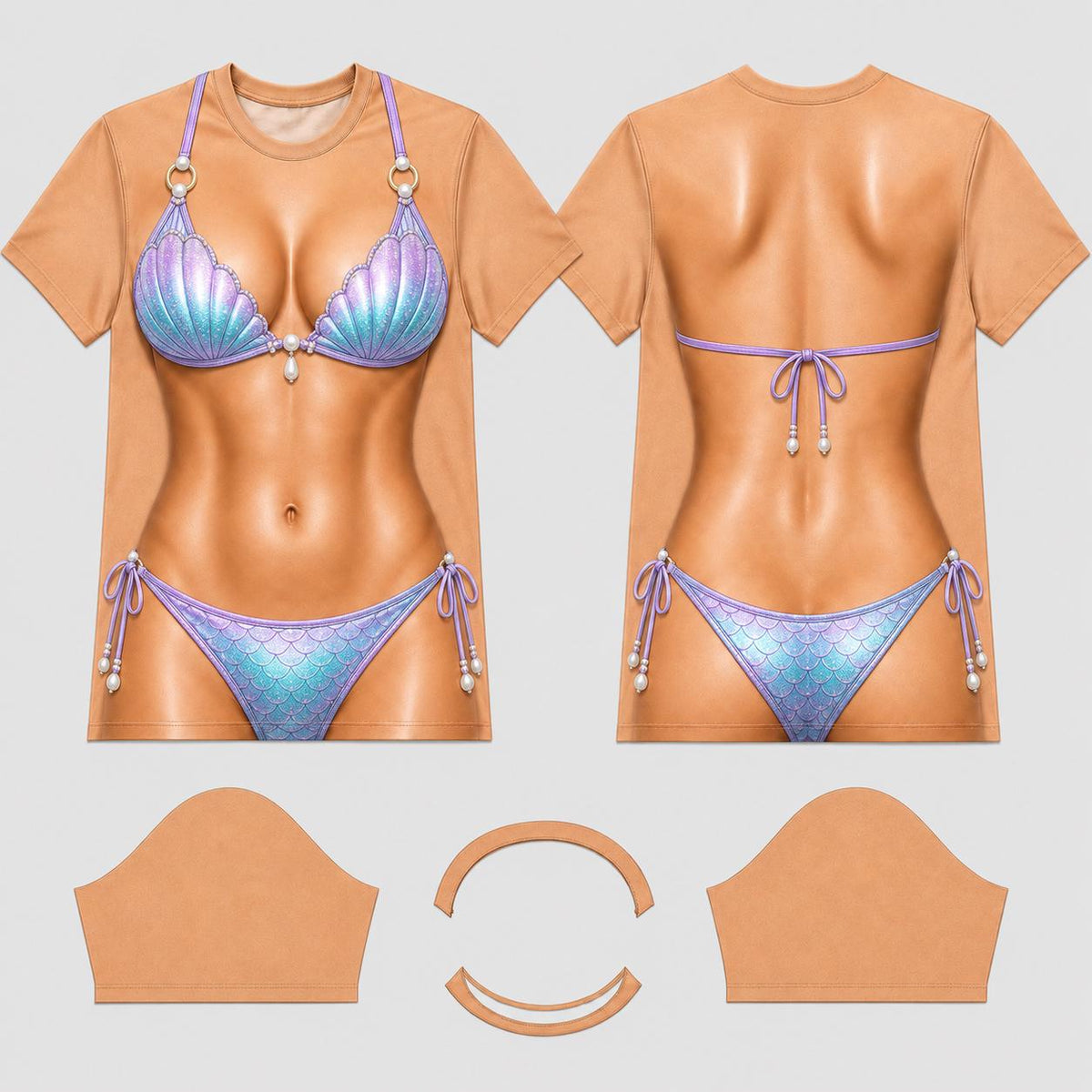 May include: A short-sleeved t-shirt featuring a realistic print of a tan torso wearing a purple and blue iridescent seashell bikini with pearl accents. The front displays the bikini top and bottoms, while the back shows the bikini straps and ties.