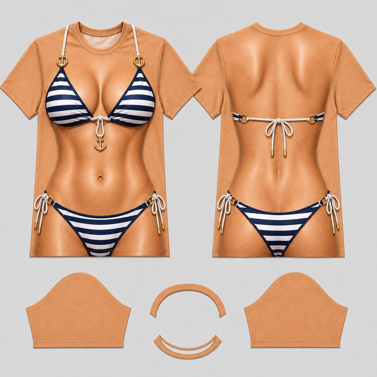 May include: A short-sleeve t-shirt featuring a realistic print of a tan torso wearing a navy and white striped bikini with gold anchor accents. The design shows the front and back views of the bikini, along with separate sleeve and collar pieces.