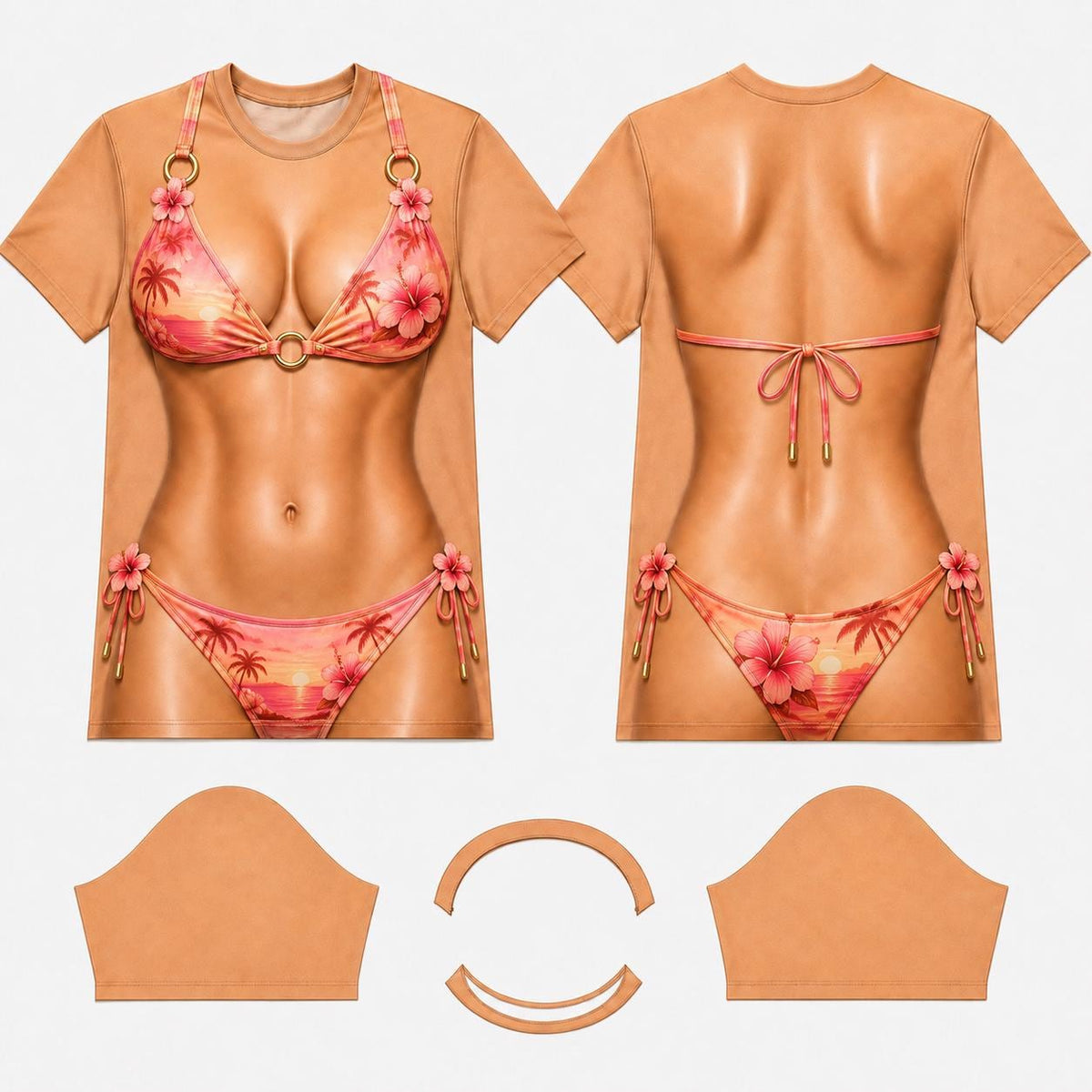 May include: A short-sleeve t-shirt featuring a realistic print of a tan torso wearing a pink and orange tropical bikini with hibiscus flowers and palm tree patterns. The design includes gold-tone rings and tie-side details on the bikini.