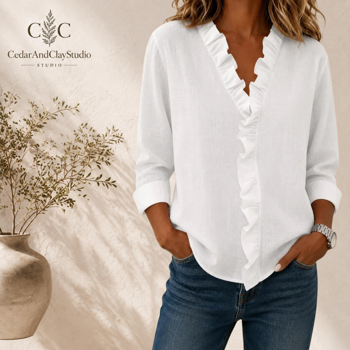 Alt Text
Woman wearing a soft ruffle V neck blouse made from lightweight breathable polyester fabric, designed as a casual long sleeve top with a loose boho fit, featuring elegant ruffle detailing along the neckline, styled with blue jeans in a minimalist indoor setting