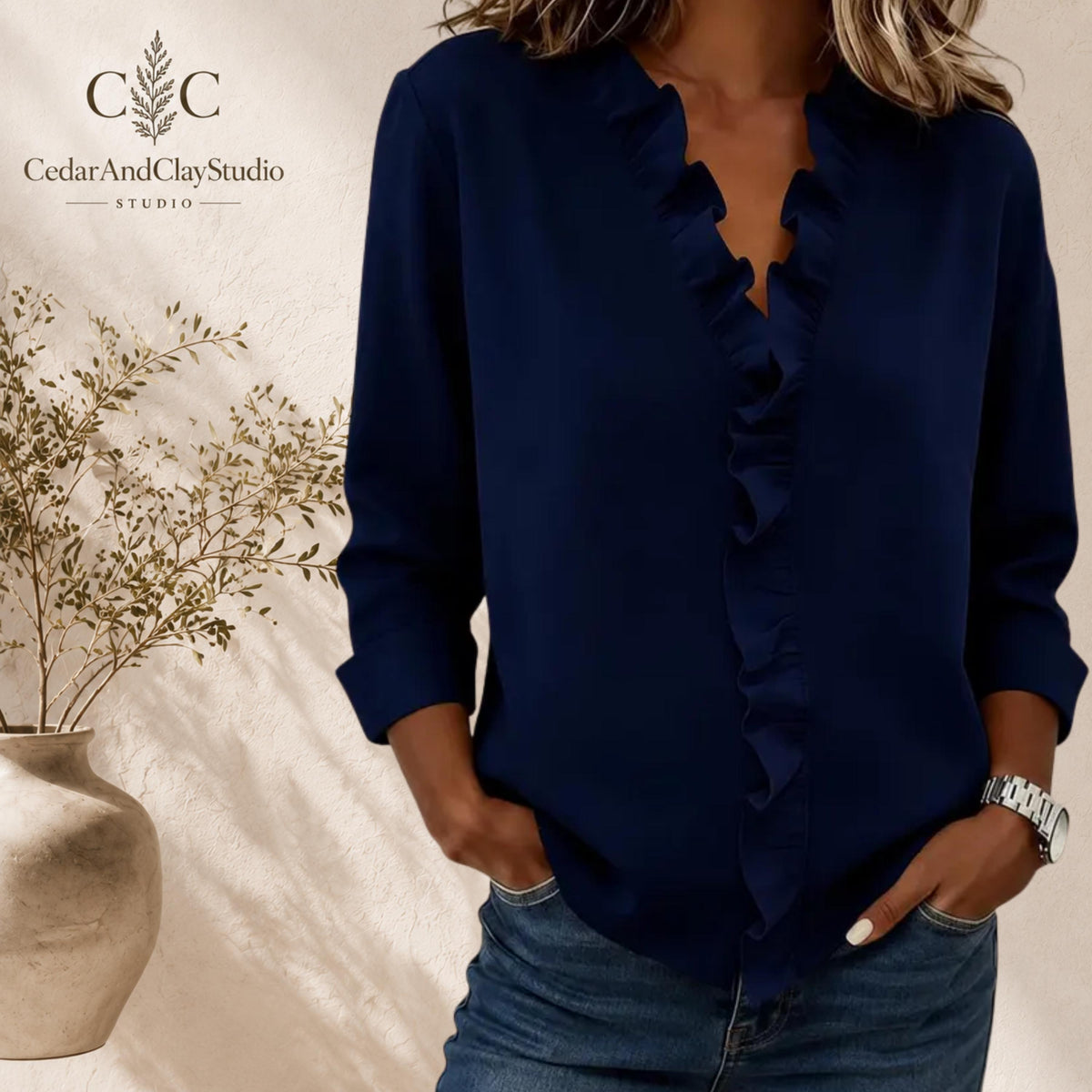 Alt Text
Woman wearing a soft ruffle V neck blouse made from lightweight breathable polyester fabric, designed as a casual long sleeve top with a loose boho fit, featuring elegant ruffle detailing along the neckline, styled with blue jeans in a minimalist indoor setting