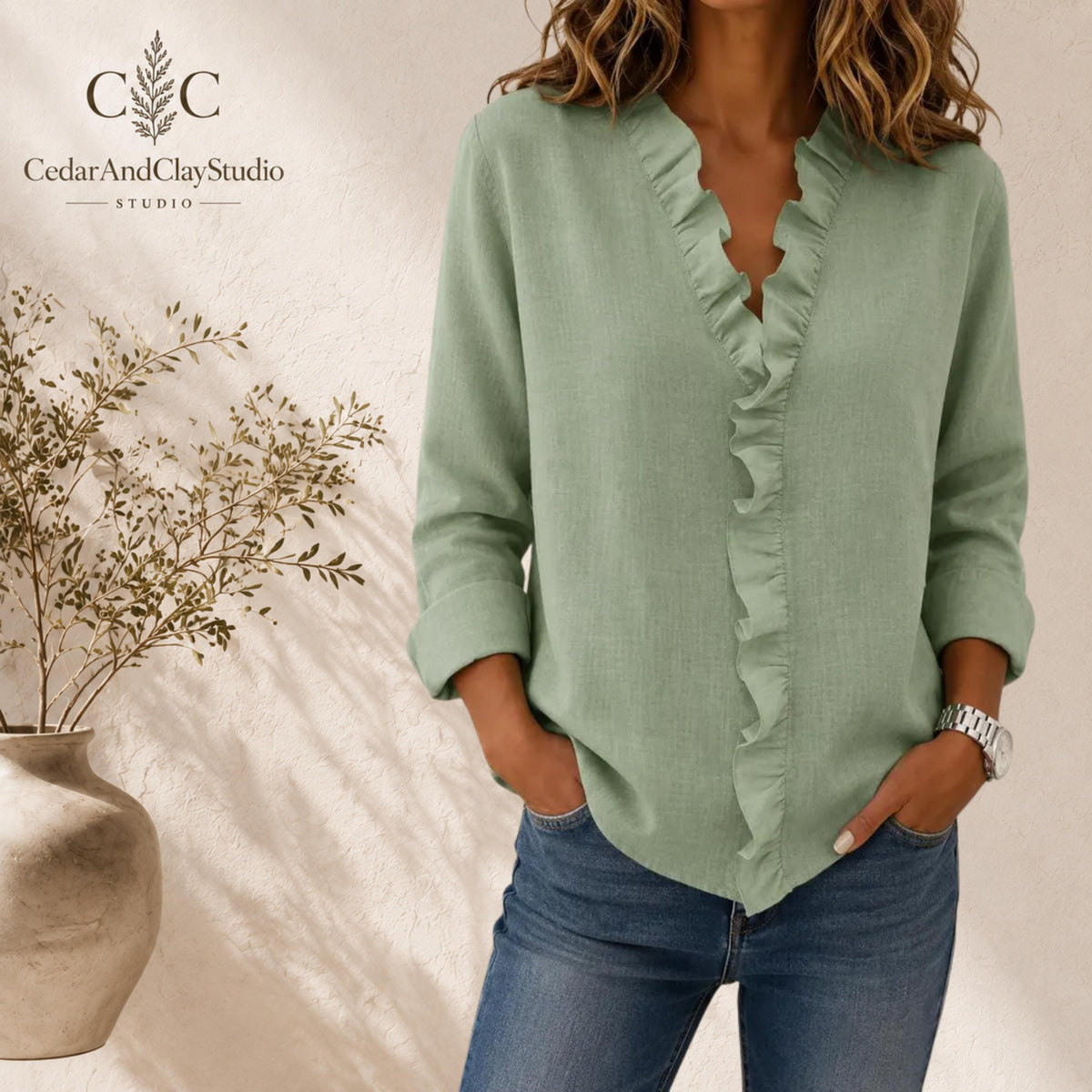 Alt Text
Woman wearing a soft ruffle V neck blouse made from lightweight breathable polyester fabric, designed as a casual long sleeve top with a loose boho fit, featuring elegant ruffle detailing along the neckline, styled with blue jeans in a minimalist indoor setting