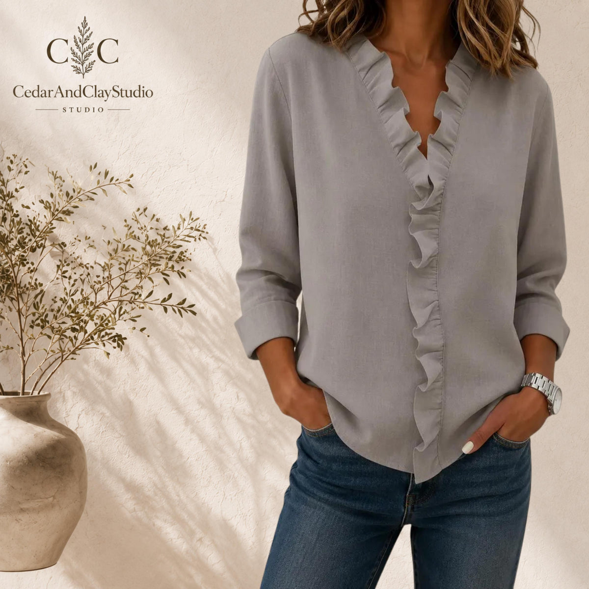 Alt Text
Woman wearing a soft ruffle V neck blouse made from lightweight breathable polyester fabric, designed as a casual long sleeve top with a loose boho fit, featuring elegant ruffle detailing along the neckline, styled with blue jeans in a minimalist indoor setting
