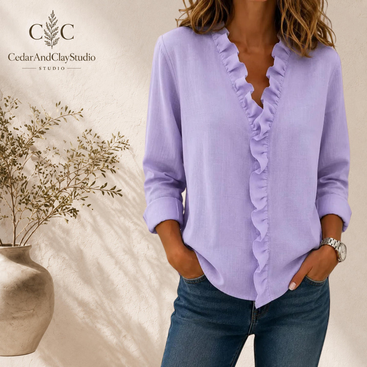 Alt Text
Woman wearing a soft ruffle V neck blouse made from lightweight breathable polyester fabric, designed as a casual long sleeve top with a loose boho fit, featuring elegant ruffle detailing along the neckline, styled with blue jeans in a minimalist indoor setting