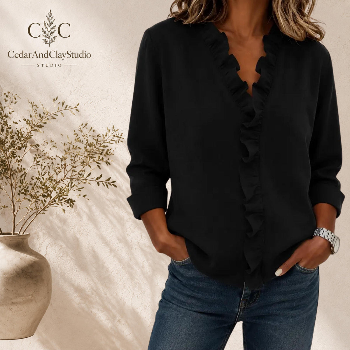 Alt Text
Woman wearing a soft ruffle V neck blouse made from lightweight breathable polyester fabric, designed as a casual long sleeve top with a loose boho fit, featuring elegant ruffle detailing along the neckline, styled with blue jeans in a minimalist indoor setting