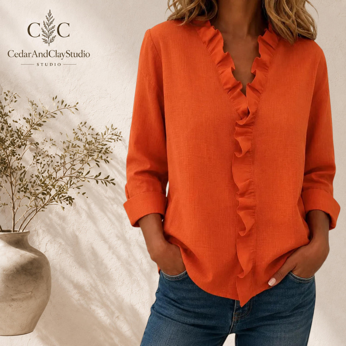 Woman wearing a soft ruffle V neck blouse made from lightweight breathable polyester fabric, designed as a casual long sleeve top with a loose boho fit, featuring elegant ruffle detailing along the neckline, styled with blue jeans in a minimalist indoor setting