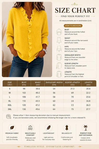 Alt Text
Woman wearing a soft pink ruffle V neck blouse made from lightweight breathable polyester fabric, designed as a casual long sleeve top with a loose boho fit, featuring elegant ruffle detailing along the neckline, styled with blue jeans in a minimalist indoor setting