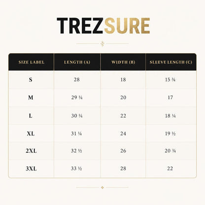 May include: A size chart for TREZSURE apparel featuring a black header with white text for Size Label, Length (A), Width (B), and Sleeve Length (C). The table lists measurements in inches for sizes S through 3XL, ranging from 28 to 33.5 inches in length.