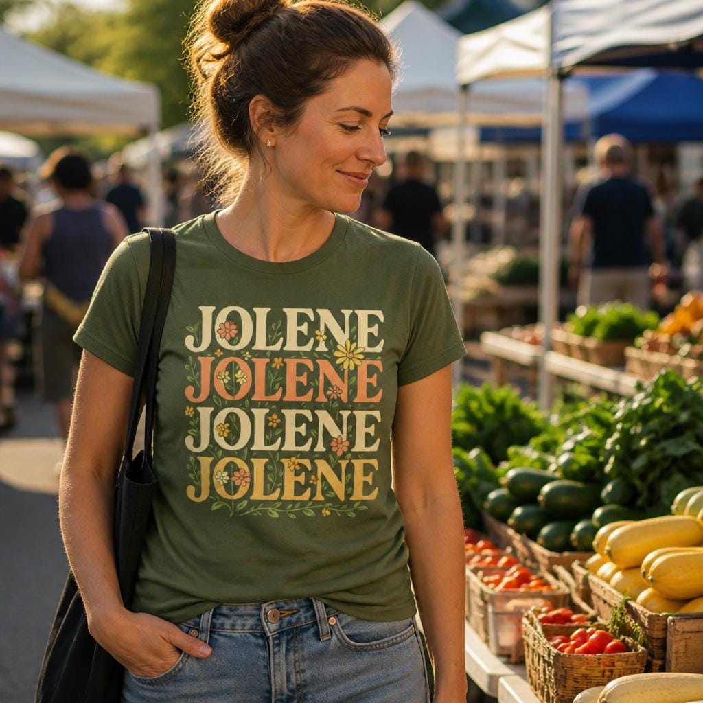 May include: An olive green short-sleeve t-shirt featuring the name JOLENE printed four times in a stacked, retro-style font. The text is accented with small, colorful floral illustrations integrated into the letters and surrounding vines.