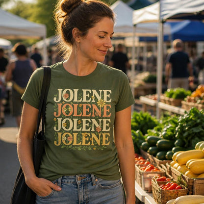 May include: An olive green short-sleeve t-shirt featuring the name JOLENE printed four times in a stacked, retro-style font. The text is accented with small, colorful floral illustrations integrated into the letters and surrounding vines.