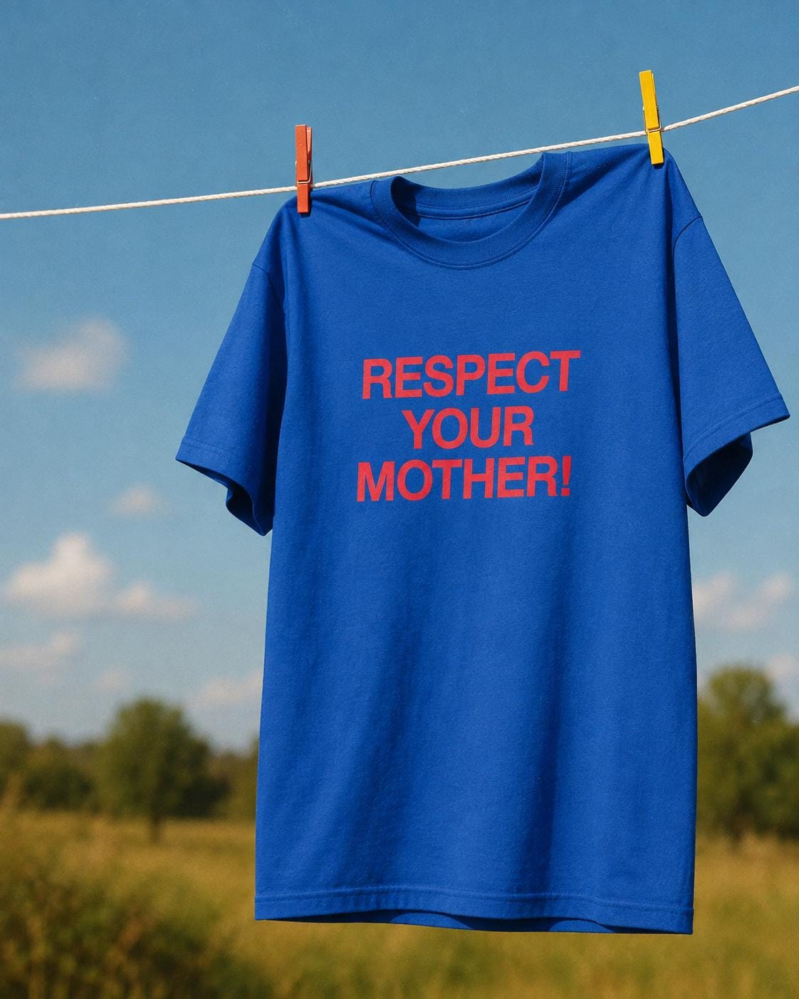 May include: A royal blue short-sleeved t-shirt featuring the text "RESPECT YOUR MOTHER!" printed in bold red capital letters. The shirt is hung on a white clothesline with one orange and one yellow plastic clothespin attached to the shoulders.