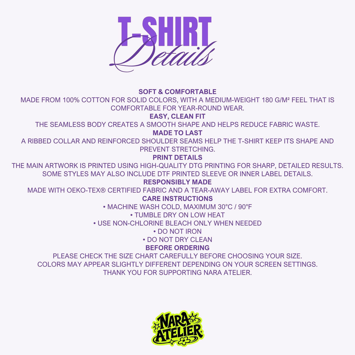 May include: An informational graphic titled T-Shirt Details with purple text on a light background. It lists product specifications including 100% cotton material, 180 g/m2 weight, seamless body, ribbed collar, DTG printing, OEKO-TEX certification, and care instructions.