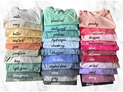 May include: A collection of folded crew neck t-shirts arranged in three vertical stacks, showcasing a wide variety of solid colors. Each shirt features a handwritten label identifying its specific color name, ranging from white to black.
