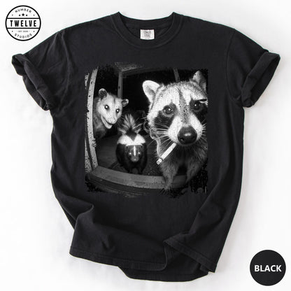 Trash Panda Night Crew Shirt, Funny Raccoon Opossum Skunk Tee, Feral Goblincore Gift for Women, Trail Cam Critter Humor Top, Possum Lover image 1