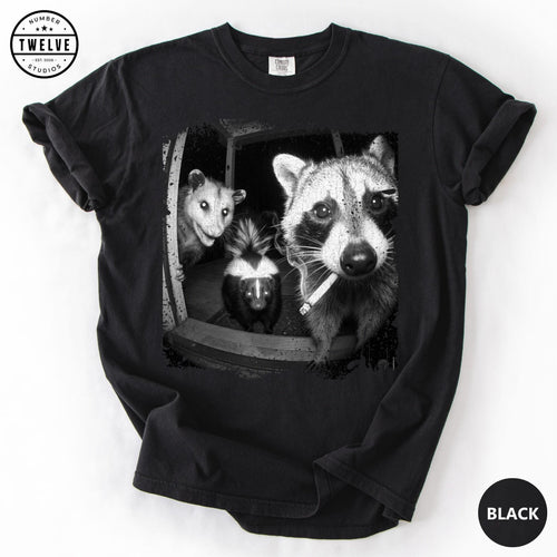 Trash Panda Night Crew Shirt, Funny Raccoon Opossum Skunk Tee, Feral Goblincore Gift for Women, Trail Cam Critter Humor Top, Possum Lover image 1