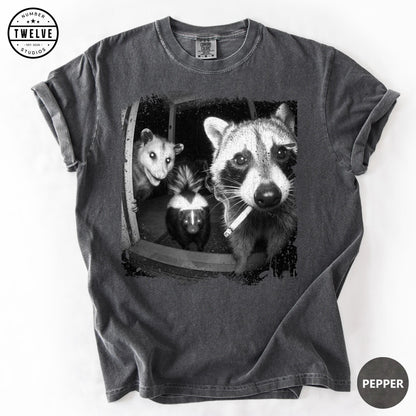 Trash Panda Night Crew Shirt, Funny Raccoon Opossum Skunk Tee, Feral Goblincore Gift for Women, Trail Cam Critter Humor Top, Possum Lover image 2