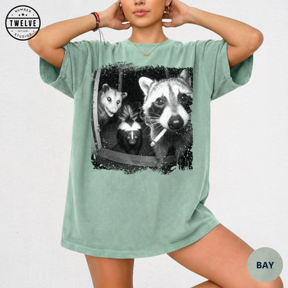 Trash Panda Night Crew Shirt, Funny Raccoon Opossum Skunk Tee, Feral Goblincore Gift for Women, Trail Cam Critter Humor Top, Possum Lover image 13