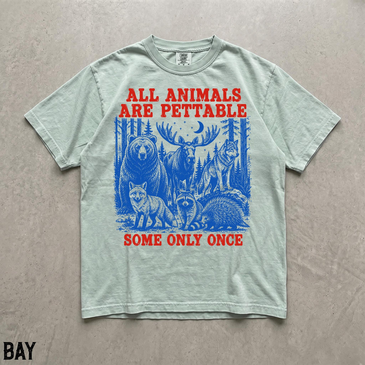 May include: A light green short-sleeve t-shirt featuring a blue graphic of a bear, moose, wolf, fox, raccoon, and porcupine in a forest. The text in red reads ALL ANIMALS ARE PETTABLE SOME ONLY ONCE. The shirt has a crew neckline and a relaxed fit.