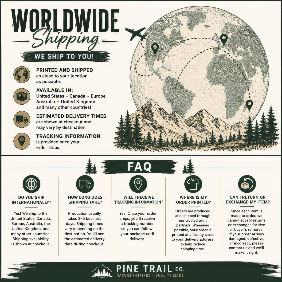 May include: An informational graphic featuring a globe illustration with flight paths, mountain ranges, and pine trees. The text includes headers for Worldwide Shipping and FAQ, detailing order production, delivery, and return policies for Pine Trail Co.