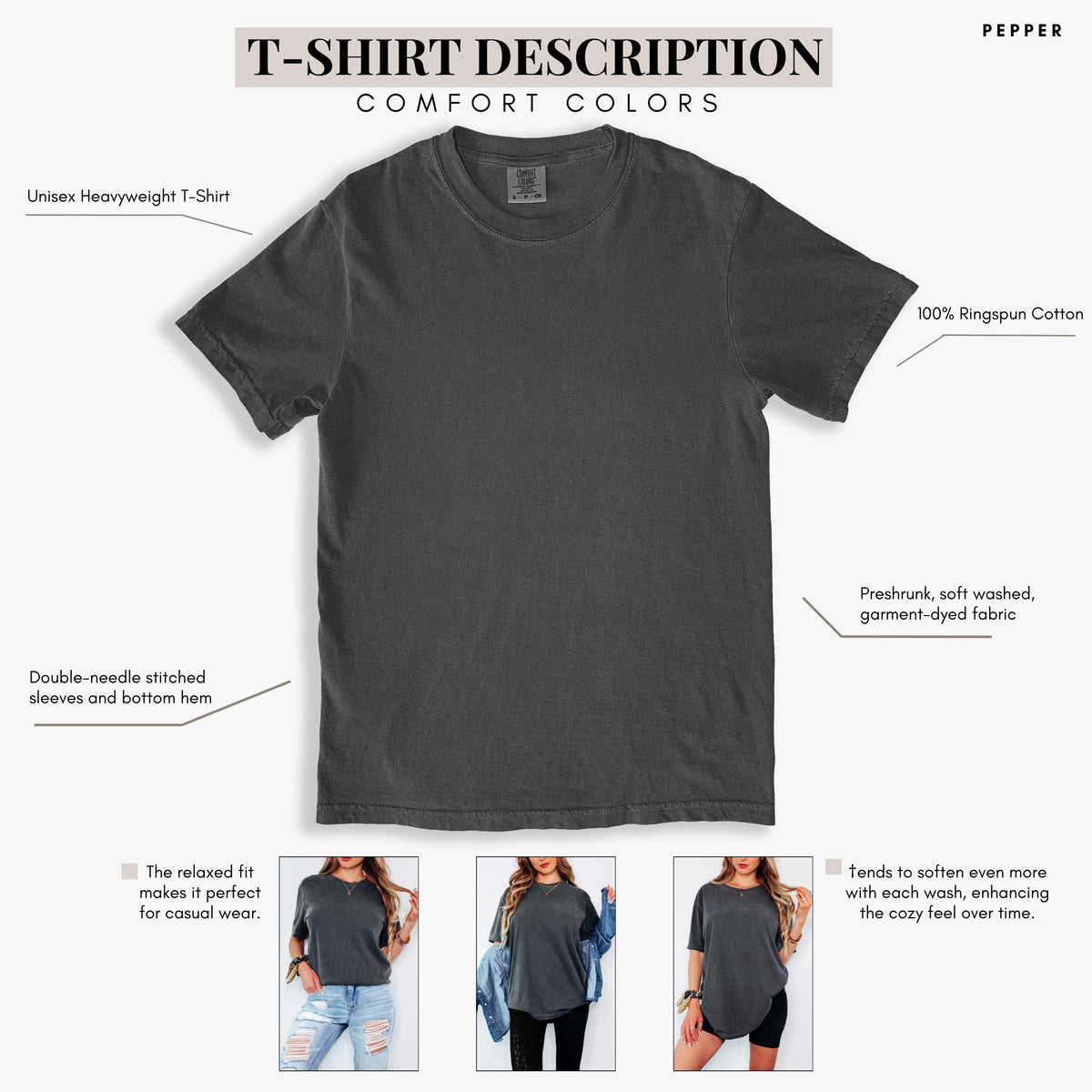 May include: A charcoal gray short-sleeve t-shirt with a crew neckline. The garment features double-needle stitched sleeves and bottom hem, made from preshrunk, soft washed, garment-dyed 100% ringspun cotton fabric with a relaxed fit.