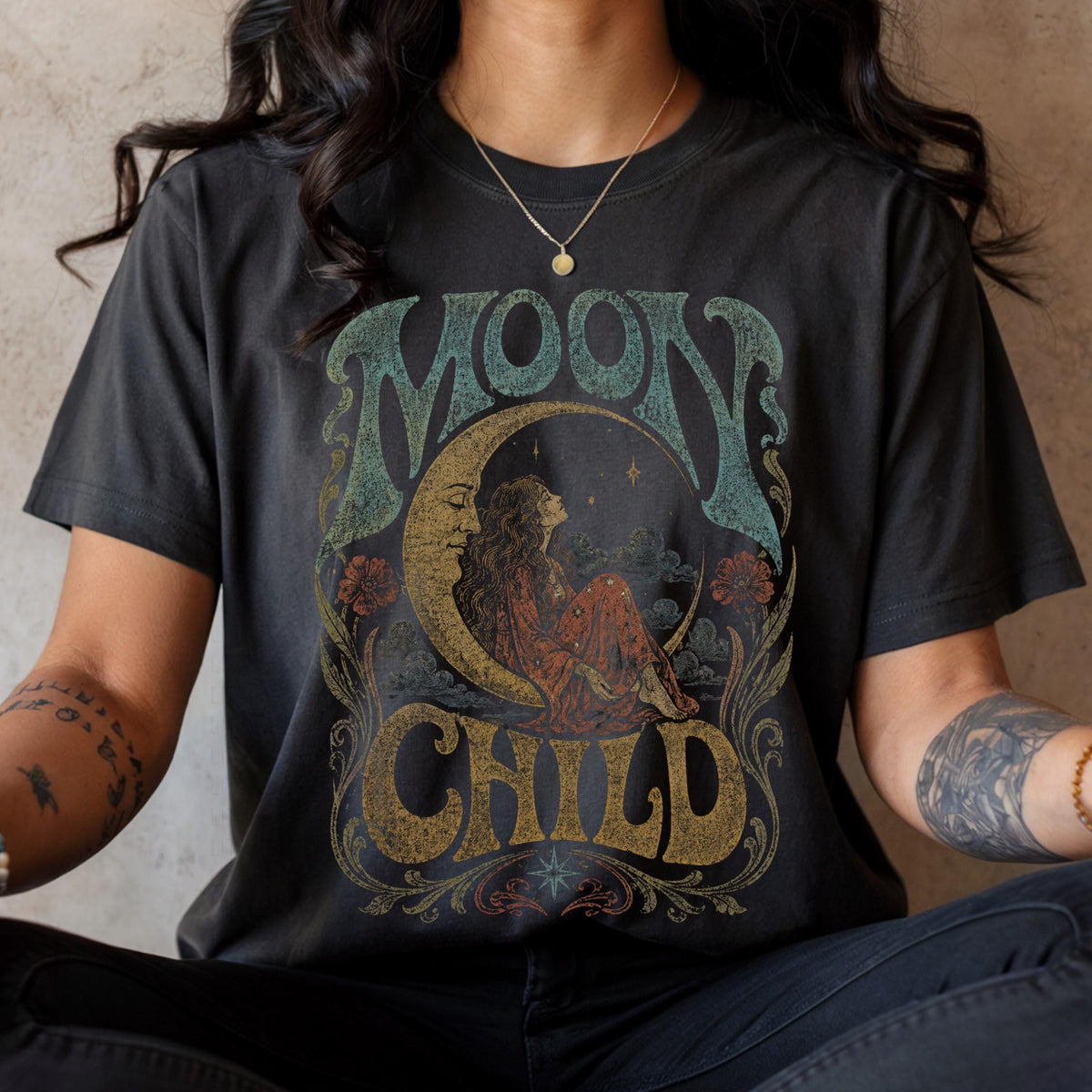 Comfort Colors Moon Child Shirt, Celestial Boho Graphic Tee, Vintage Psychedelic Moon T Shirt, 70s Retro Hippie Tee, Mystical Shirt image 4