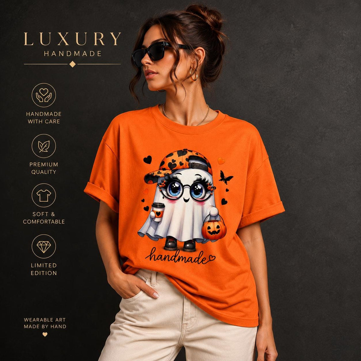 Handmade Halloween Ghost Pumpkin Graphic Tee, Spooky Fall Top