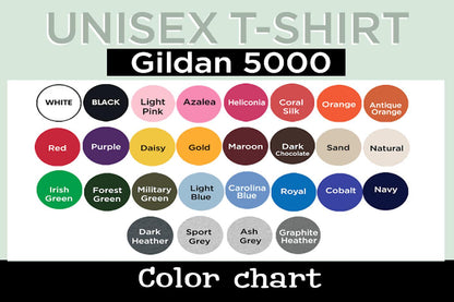 May include: A Gildan 5000 unisex t-shirt color chart displaying twenty-eight circular color swatches with labels including White, Black, Light Pink, Azalea, Heliconia, Coral Silk, Orange, Antique Orange, Red, Purple, Daisy, Gold, Maroon, Dark Chocolate, Sand, Natural, Irish Green, Forest Green, Military Green, Light Blue, Carolina Blue, Royal, Cobalt, Navy, Dark Heather, Sport Grey, Ash Grey, and Graphite Heather.