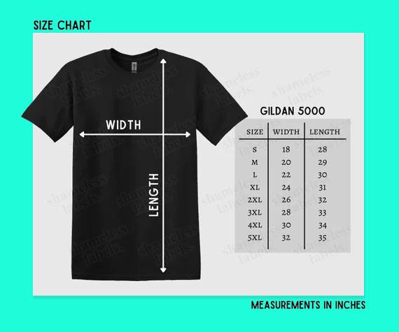 May include: A black t-shirt displayed with a size chart labeled Gildan 5000. The chart lists sizes S through 5XL with corresponding width and length measurements in inches. White arrows indicate the width and length dimensions on the shirt.