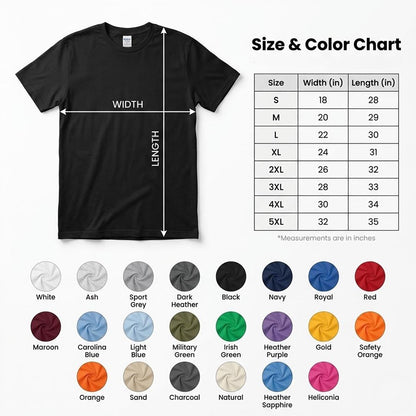 May include: A black short-sleeve t-shirt with a size and color chart. The chart displays width and length measurements in inches for sizes S through 5XL, alongside a grid of twenty-four circular color swatches labeled with their respective names.