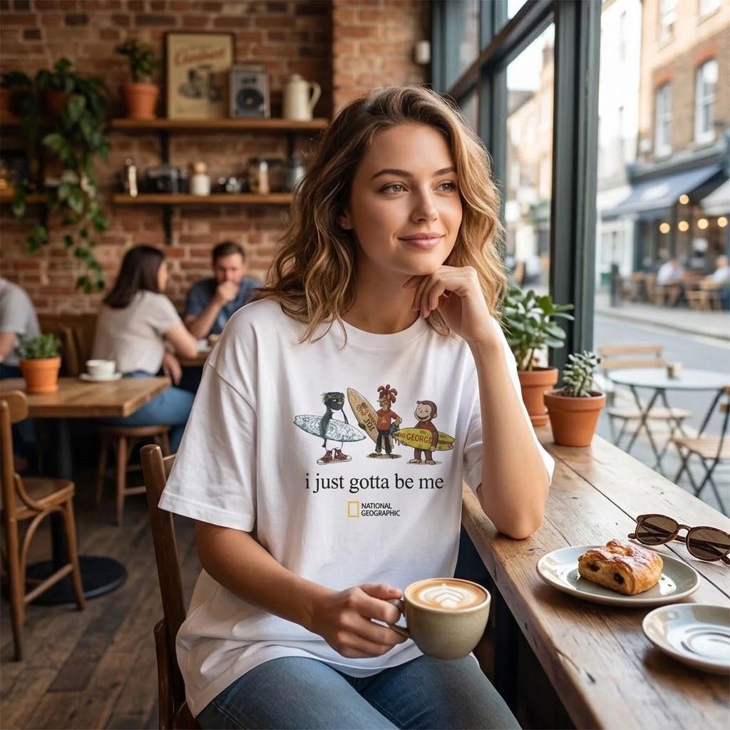 May include: A white short-sleeved t-shirt featuring a graphic of three cartoon characters holding surfboards. The text "i just gotta be me" is printed below the characters, followed by the National Geographic logo in yellow and black.