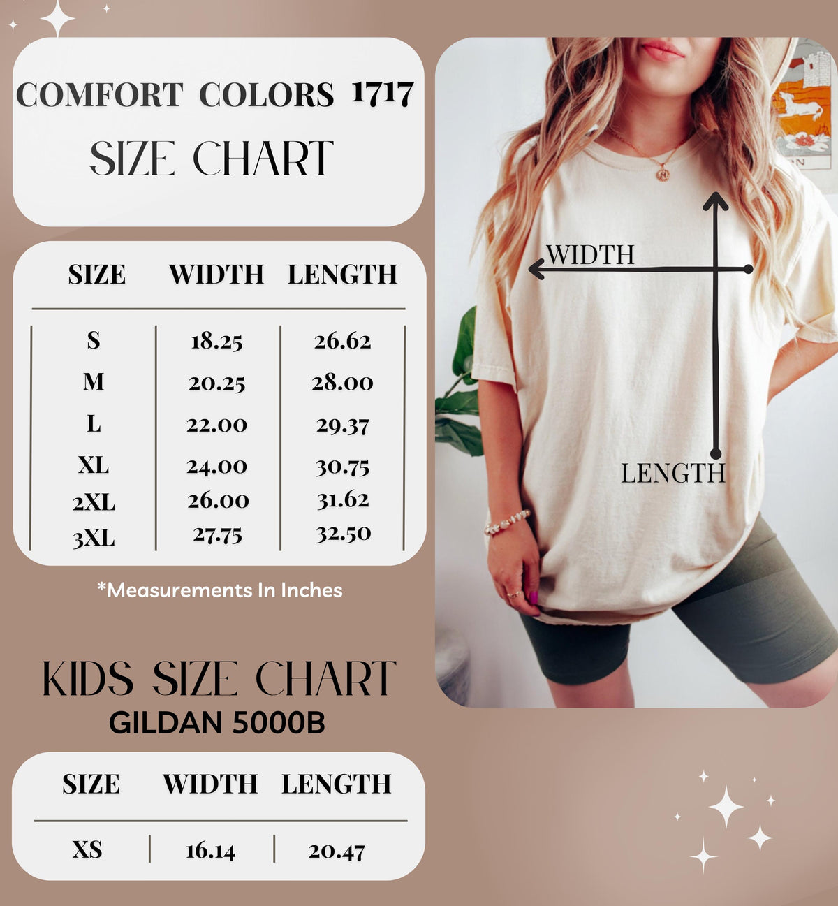 May include: A Comfort Colors 1717 size chart featuring a table with sizes S through 3XL, listing widths from 18.25 to 27.75 inches and lengths from 26.62 to 32.50 inches. A Gildan 5000B kids size chart for size XS shows 16.14 width and 20.47 length.