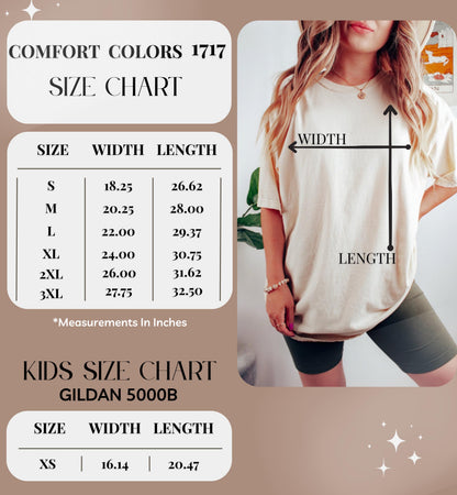 May include: A Comfort Colors 1717 size chart featuring a table with sizes S through 3XL, listing widths from 18.25 to 27.75 inches and lengths from 26.62 to 32.50 inches. A Gildan 5000B kids size chart for size XS shows 16.14 width and 20.47 length.
