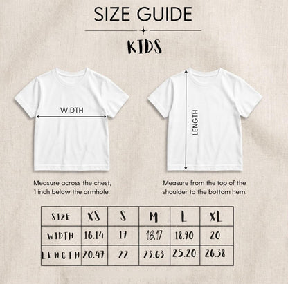 May include: A kids size guide chart featuring two white t-shirts with arrows indicating width and length measurements. Text includes SIZE GUIDE, KIDS, WIDTH, LENGTH, and instructions for measuring. A table lists sizes XS to XL with imperial values.