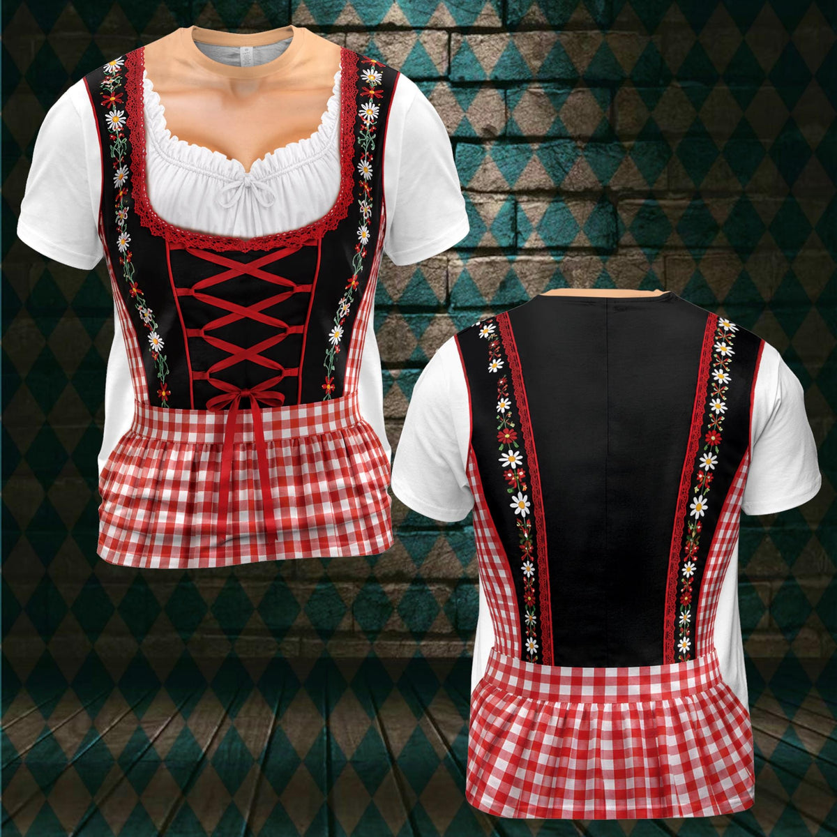 May include: A short-sleeved t-shirt featuring a printed design of a dirndl dress. The front displays a white blouse neckline, a black bodice with red lace-up detailing, floral embroidery, and a red and white checkered skirt pattern.