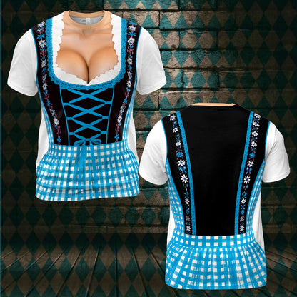 May include: A short-sleeved t-shirt featuring a printed design of a dirndl bodice with a black corset-style front, blue lacing, and a white and blue checkered skirt pattern. The front graphic includes a realistic skin-tone chest area.
