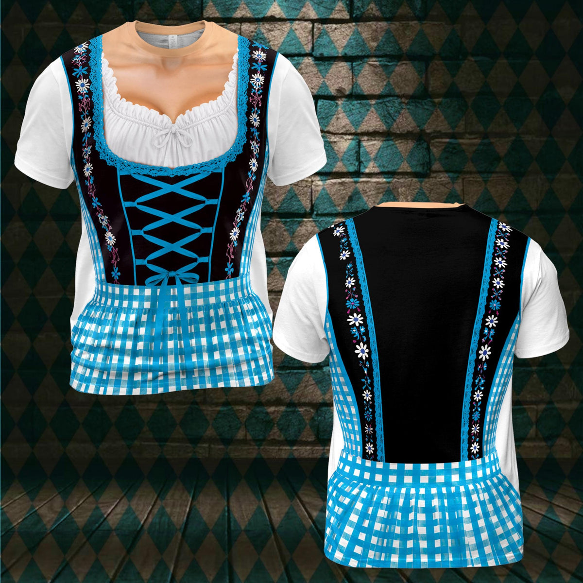 May include: A short-sleeved t-shirt featuring a printed design of a dirndl dress. The front displays a white blouse neckline, a black bodice with blue lace-up detailing, and a blue and white checkered skirt pattern with floral accents.